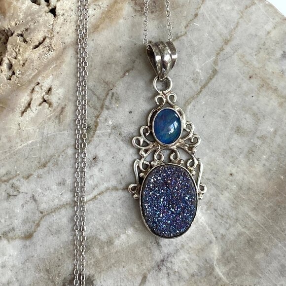 Sterling Silver 925 Oval Opal Titanium Druzy Scrollwork Pendant Necklace 18" - Picture 1 of 16